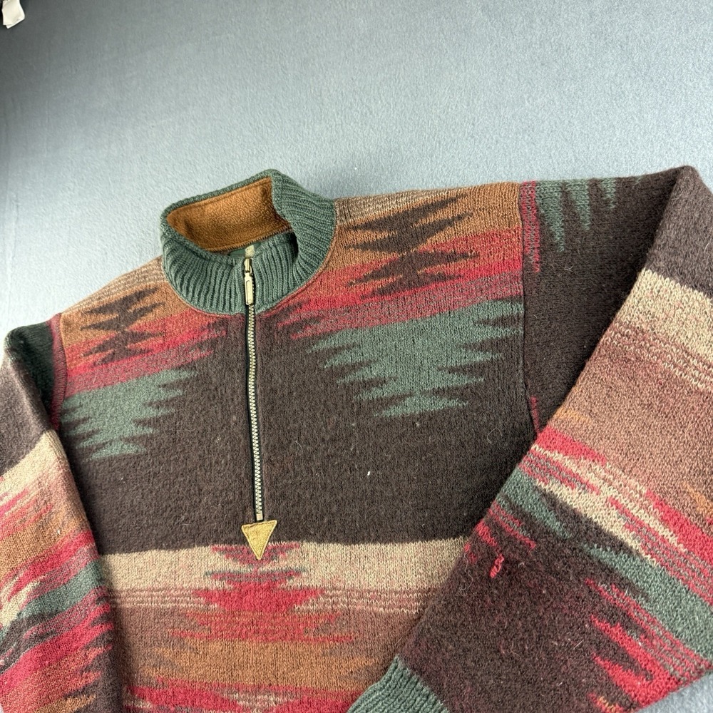 Orvis Sweater Men's S Aztec Print 100% Wool Vintage 1/4 Zip Pockets Indian